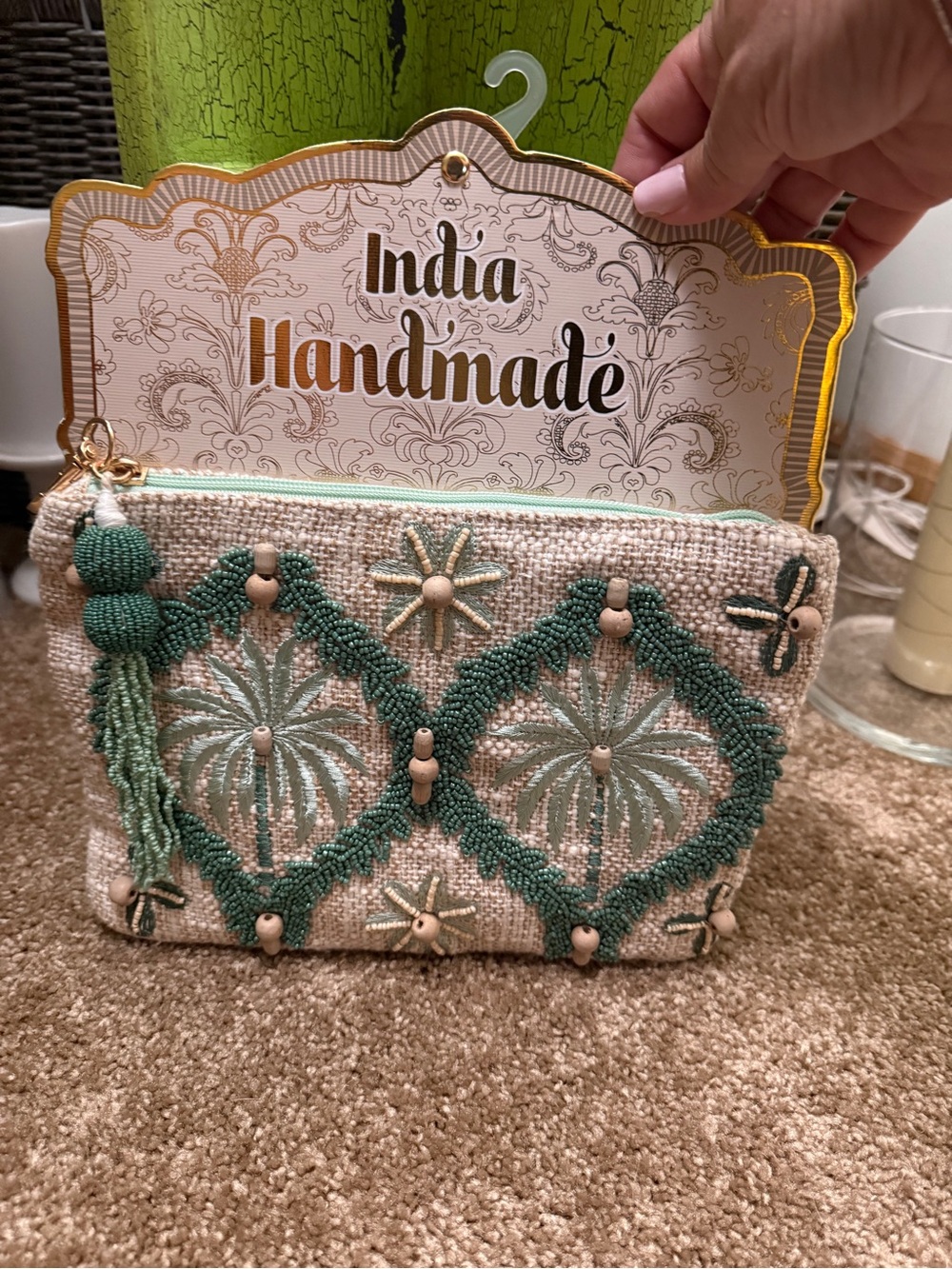 Palm Tree Green Tan Trendy Beaded Embroidered Pouch India Handmade Clutch Pouch